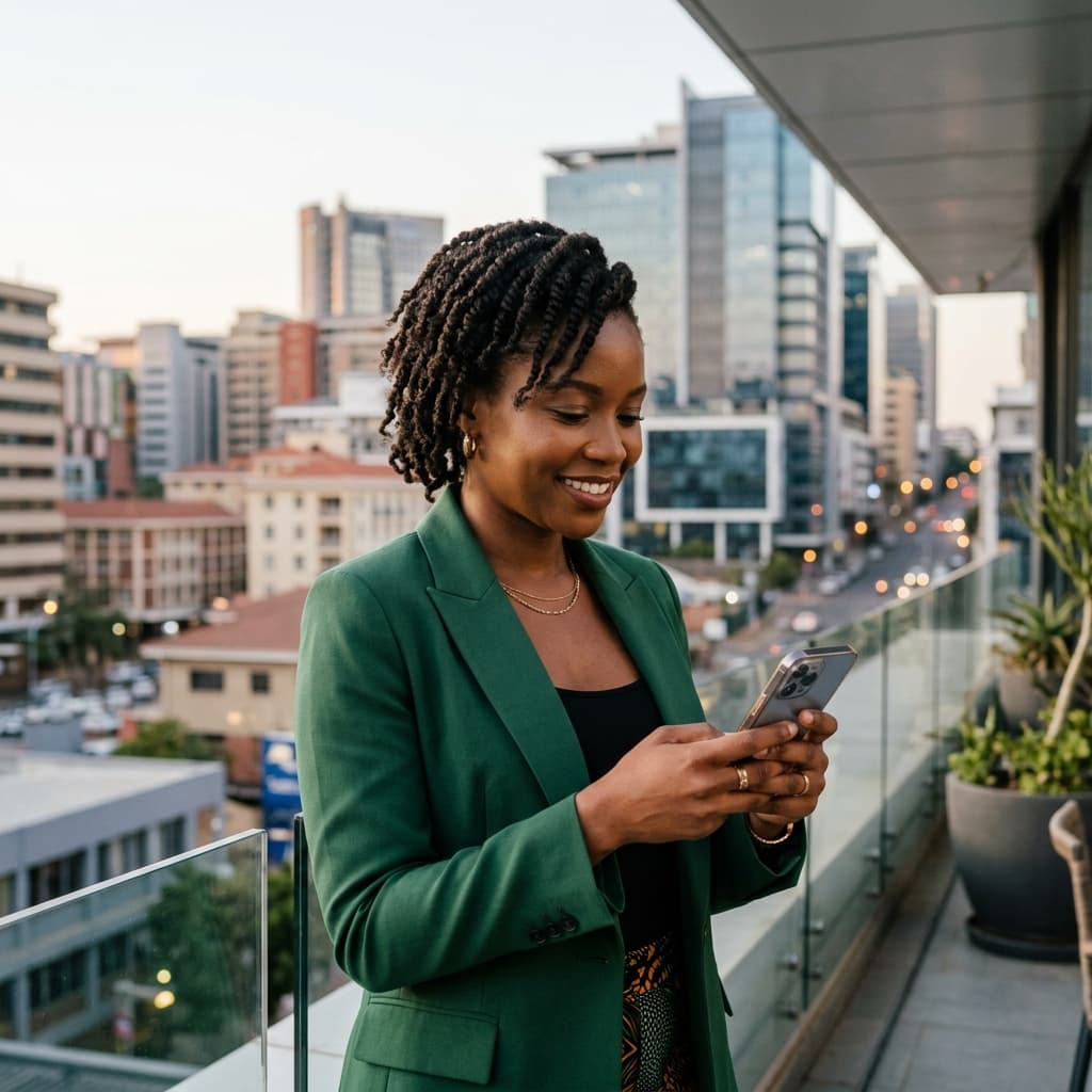 African entrepreneur using a smartphone